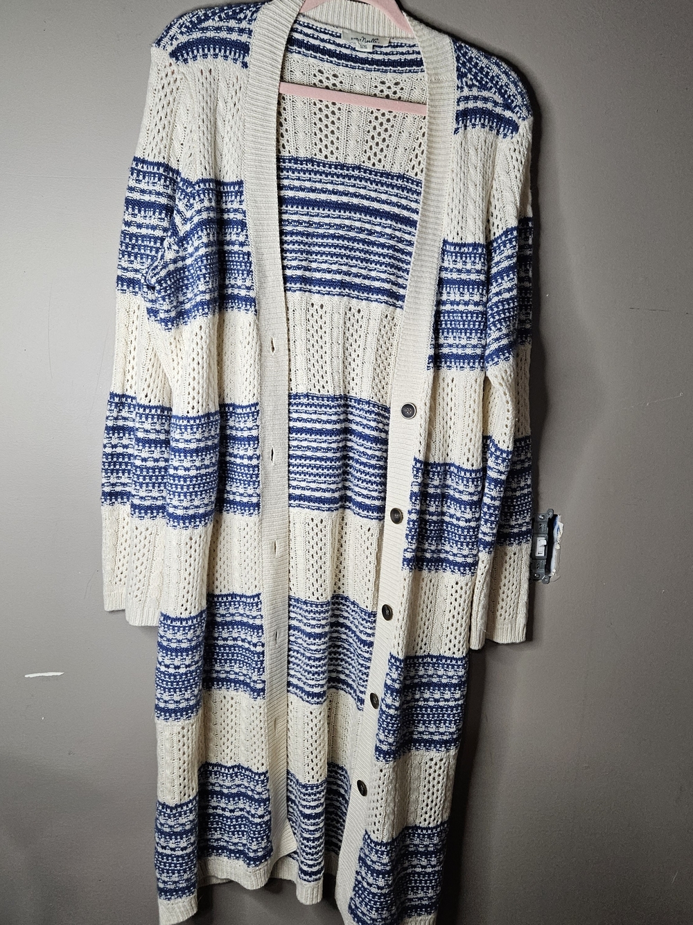 Simply Noelle Cream and Blue Striped Open-Knit Size 4XL Cardigan ptp 22.5"